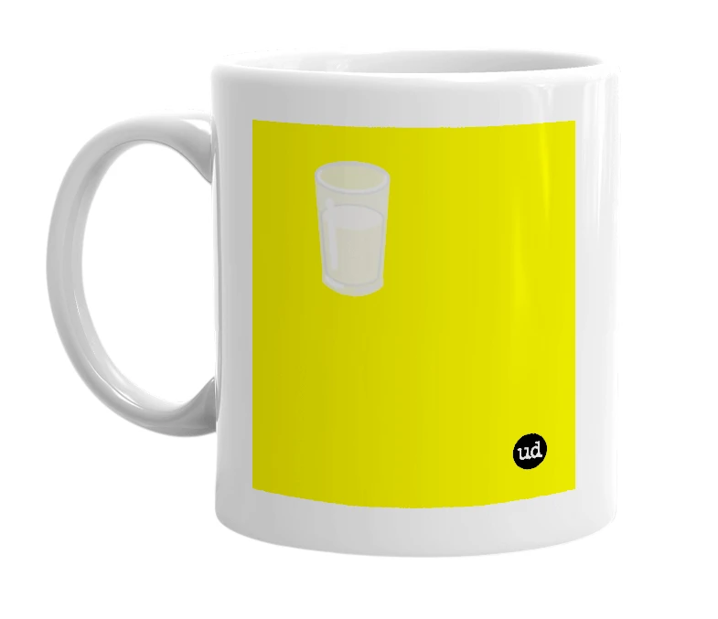 White mug with '🥛' in bold black letters