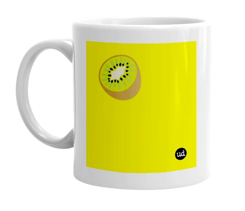White mug with '🥝' in bold black letters