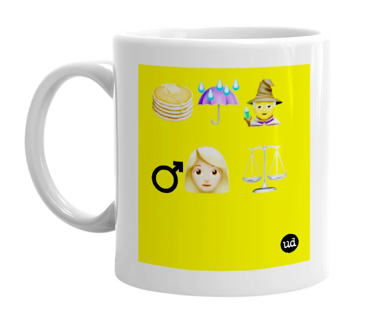 White mug with '🥞☔️🧙 ♂️👩🏼 ⚖️' in bold black letters