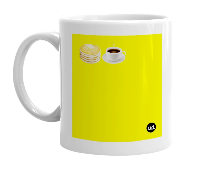 White mug with '🥞☕️' in bold black letters
