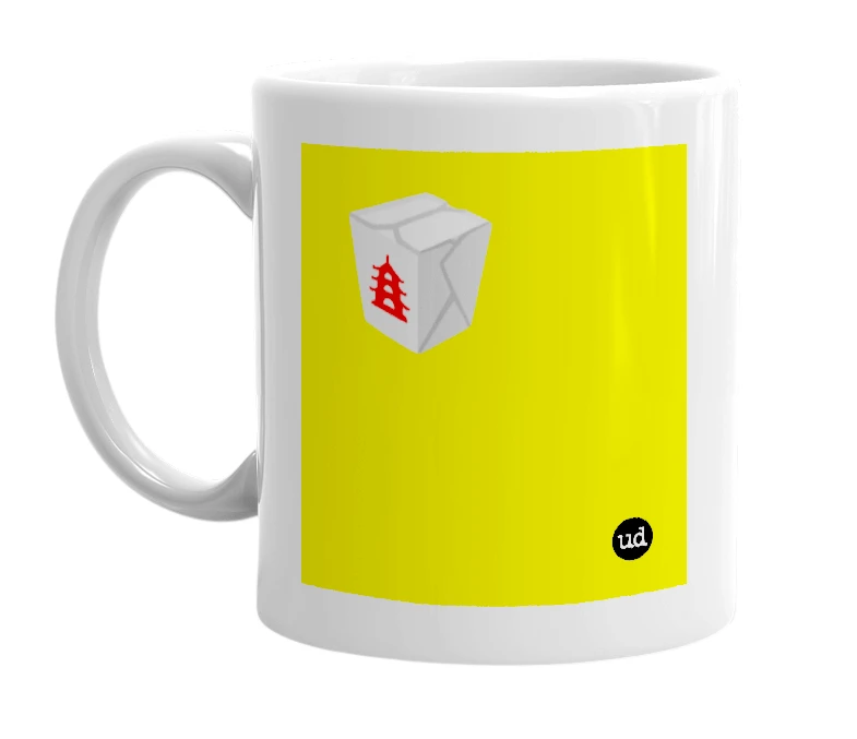 White mug with '🥡' in bold black letters