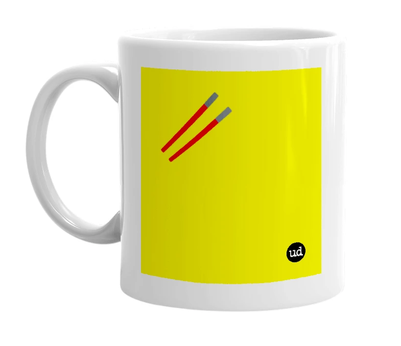 White mug with '🥢' in bold black letters