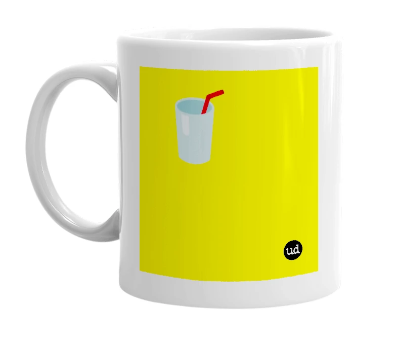 White mug with '🥤' in bold black letters
