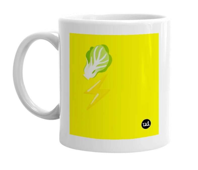 White mug with '🥬⚡️' in bold black letters