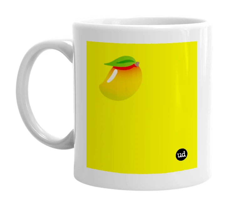 White mug with '🥭' in bold black letters