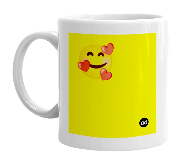 White mug with '🥰' in bold black letters