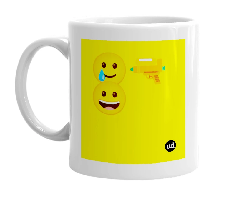 White mug with '🥲🔫😀' in bold black letters
