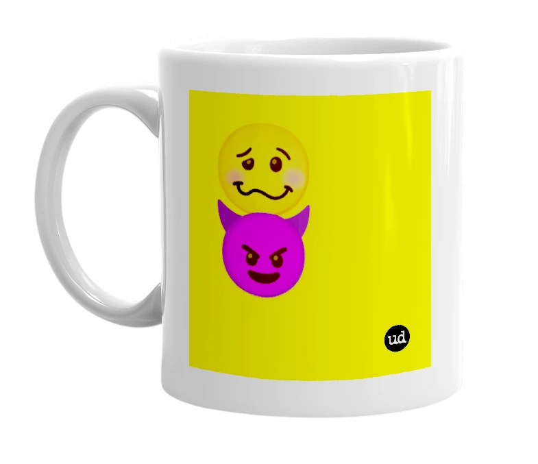 White mug with '🥴😈' in bold black letters