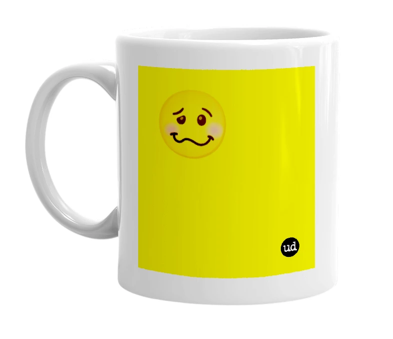 White mug with '🥴' in bold black letters