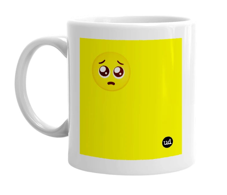 White mug with '🥺' in bold black letters