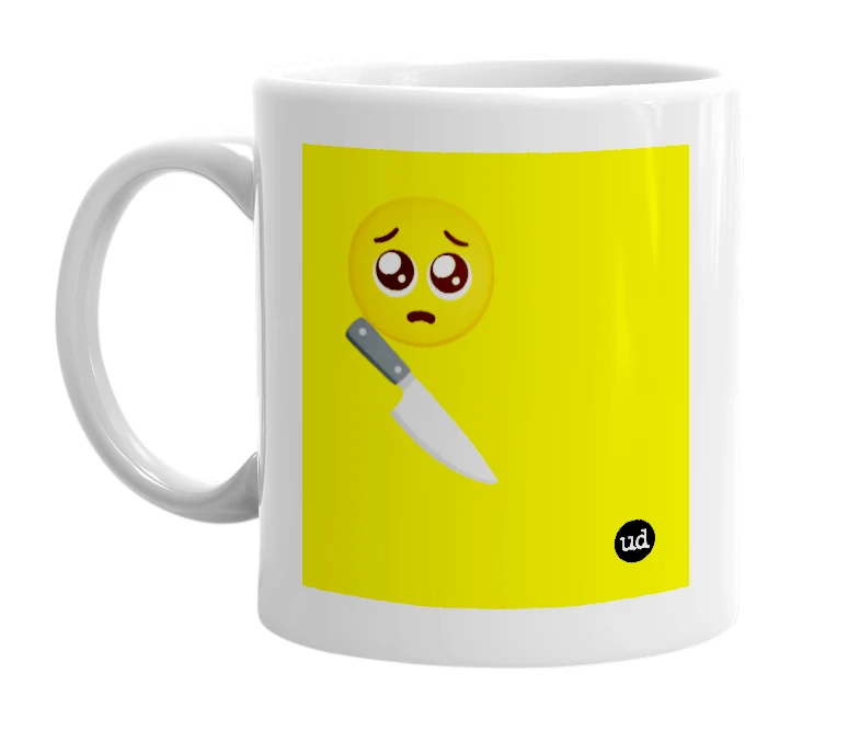 White mug with '🥺🔪' in bold black letters
