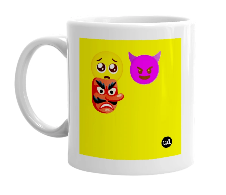 White mug with '🥺😈👺' in bold black letters