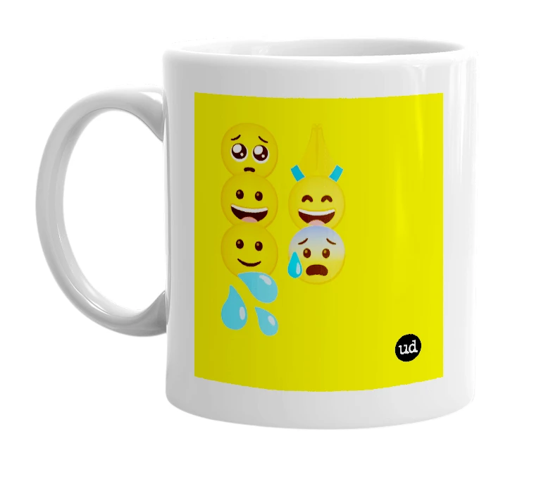White mug with '🥺🙏😀😄🙂😰💦' in bold black letters