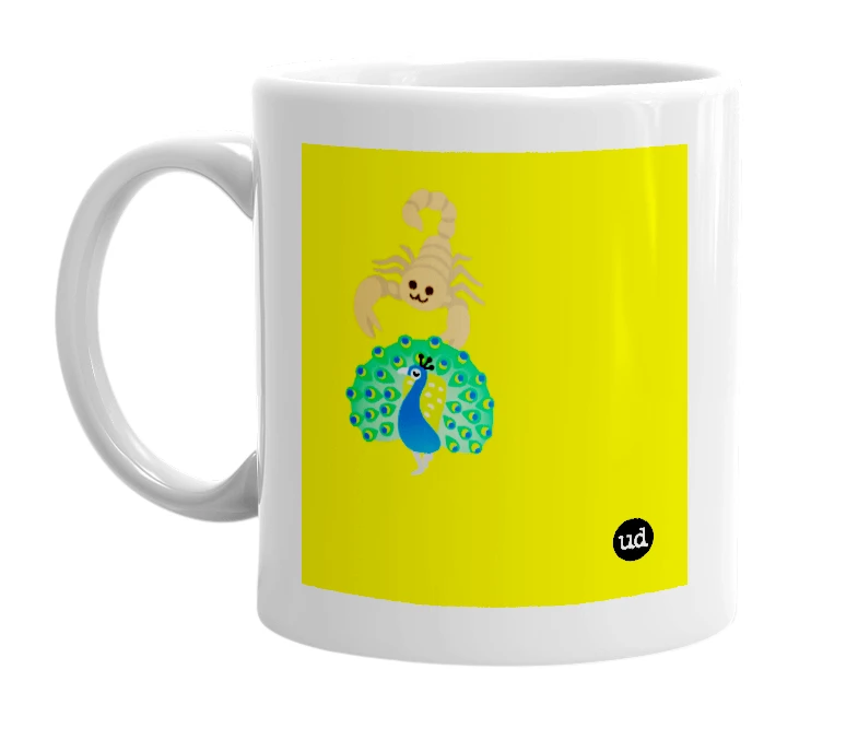 White mug with '🦂🦚' in bold black letters