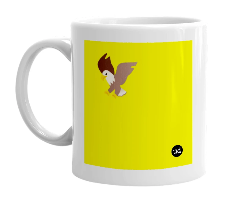 White mug with '🦅' in bold black letters