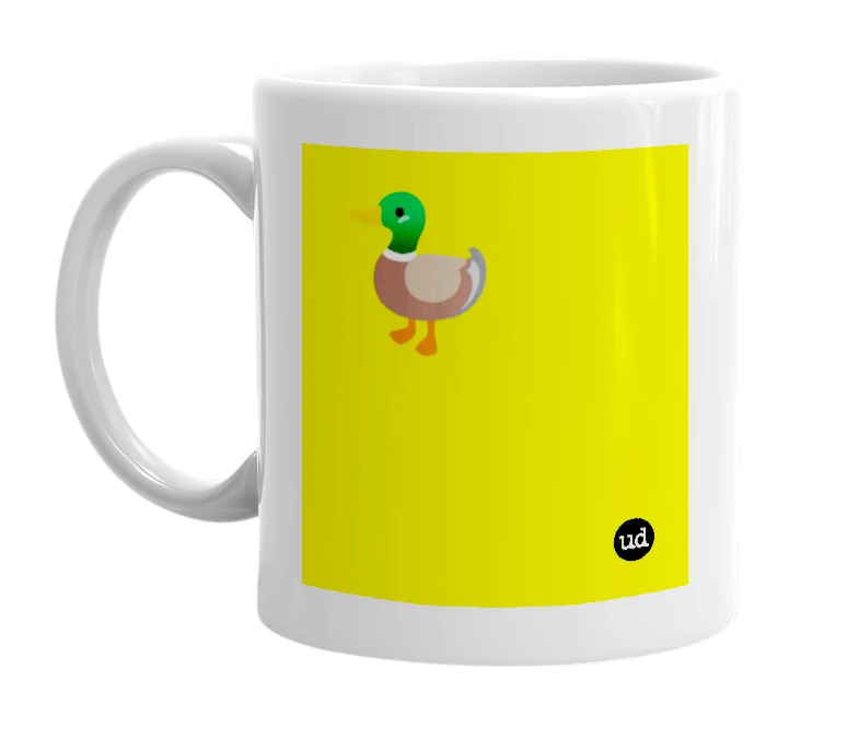 White mug with '🦆' in bold black letters