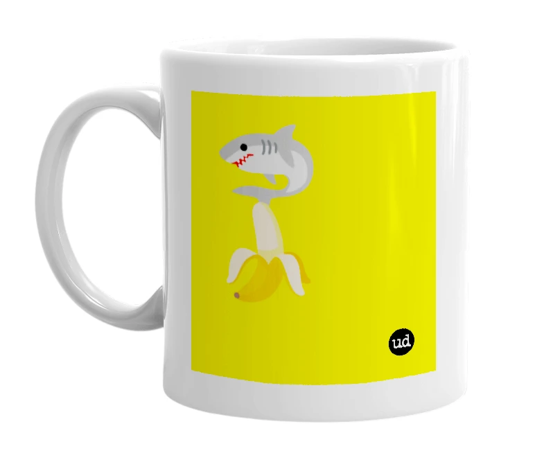 White mug with '🦈🍌' in bold black letters