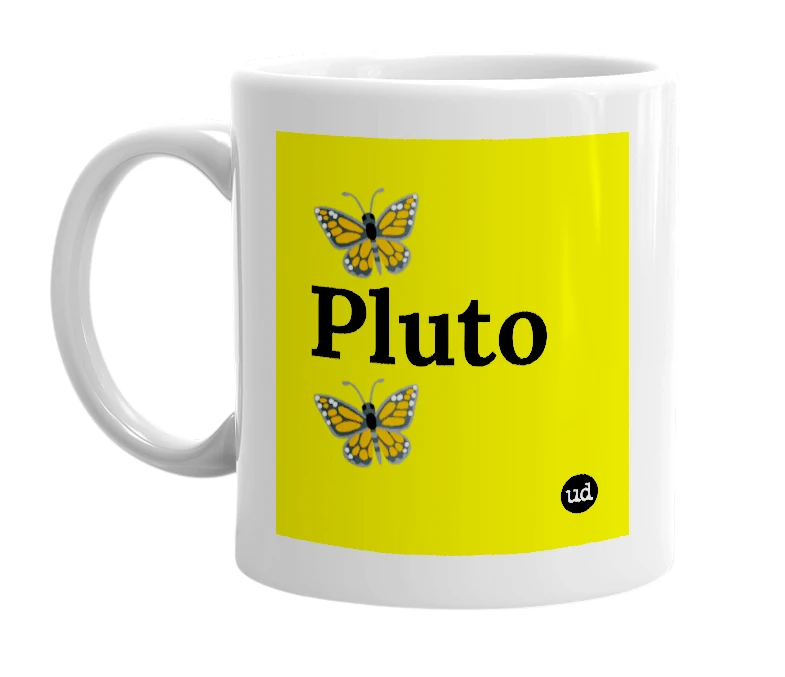 White mug with '🦋Pluto🦋' in bold black letters