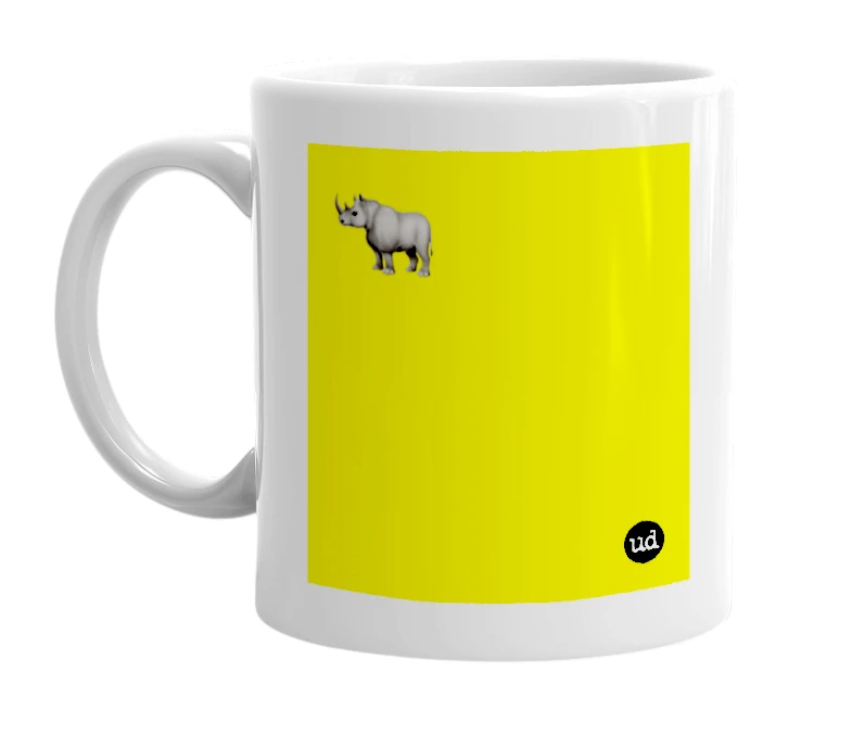 White mug with '🦏' in bold black letters
