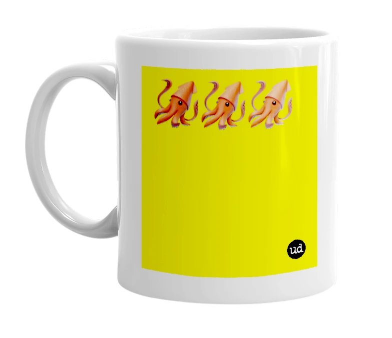 White mug with '🦑🦑🦑' in bold black letters