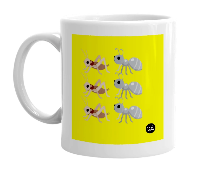 White mug with '🦗🐜🦗🐜🦗🐜' in bold black letters