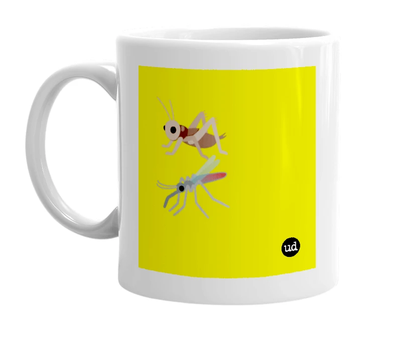 White mug with '🦗🦟' in bold black letters