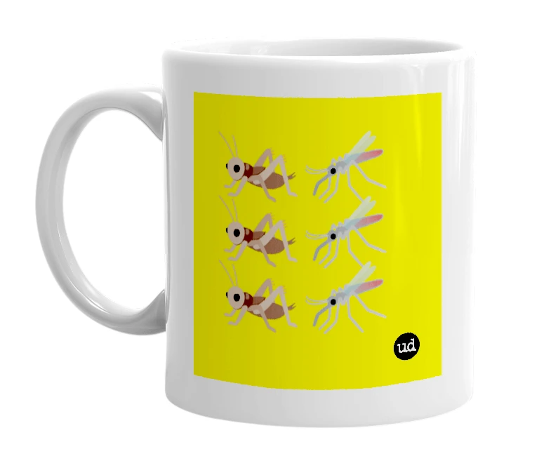 White mug with '🦗🦟🦗🦟🦗🦟' in bold black letters