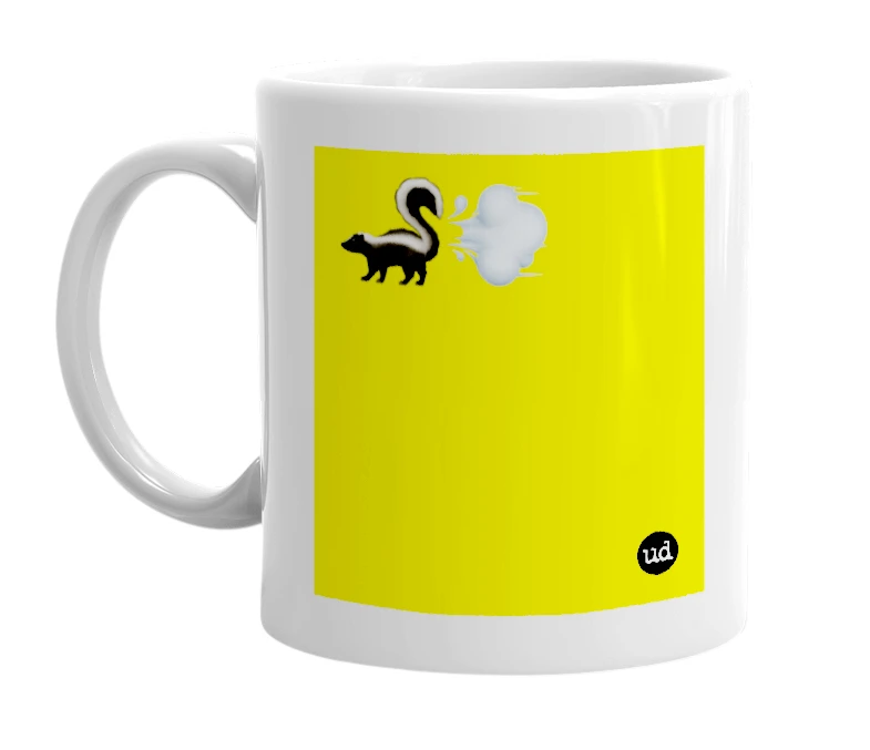 White mug with '🦨💨' in bold black letters
