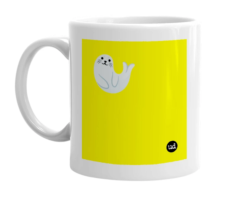 White mug with '🦭' in bold black letters