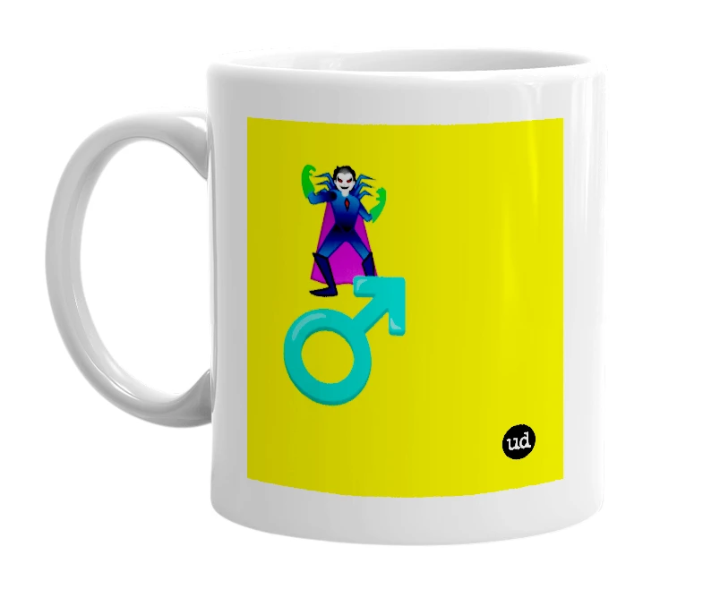 White mug with '🦹 ♂️' in bold black letters