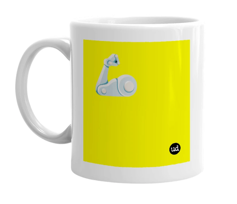 White mug with '🦾' in bold black letters