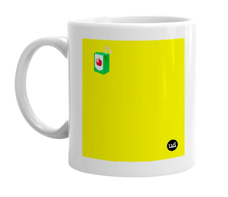 White mug with '🧃' in bold black letters