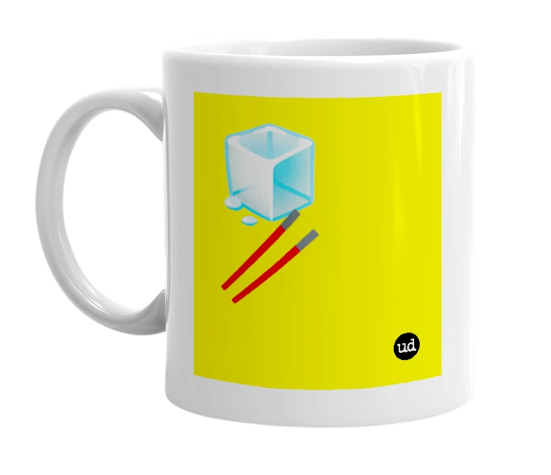 White mug with '🧊🥢' in bold black letters
