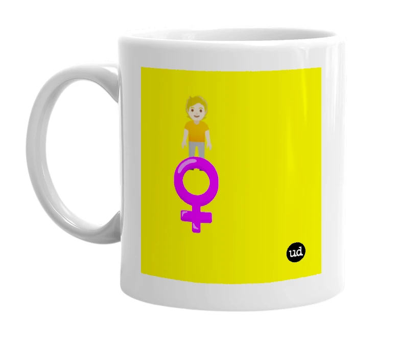 White mug with '🧍🏼 ♀️' in bold black letters