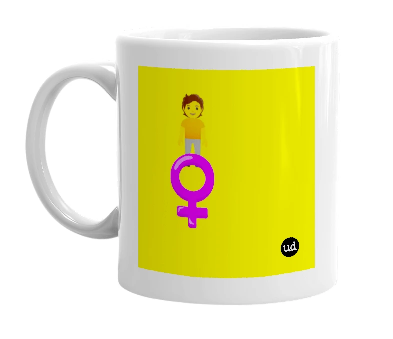 White mug with '🧍 ♀️' in bold black letters