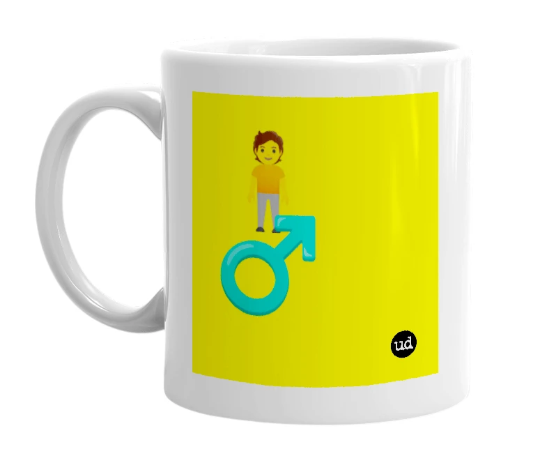 White mug with '🧍 ♂️' in bold black letters