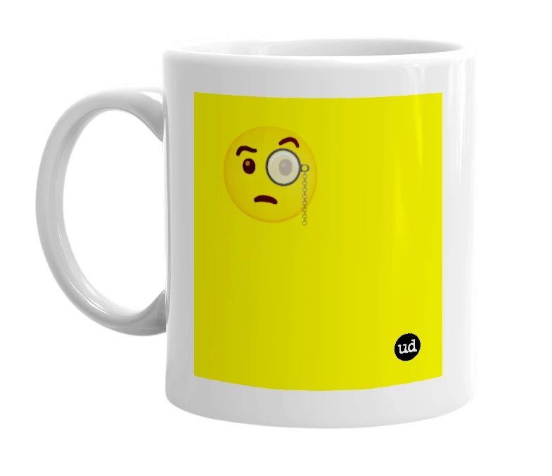 White mug with '🧐' in bold black letters