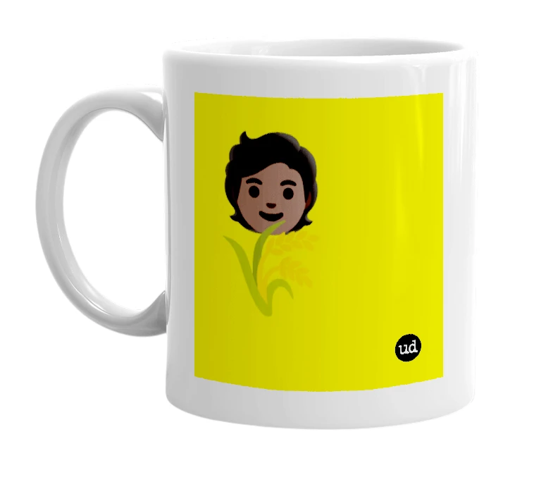 White mug with '🧑🏿 🌾' in bold black letters
