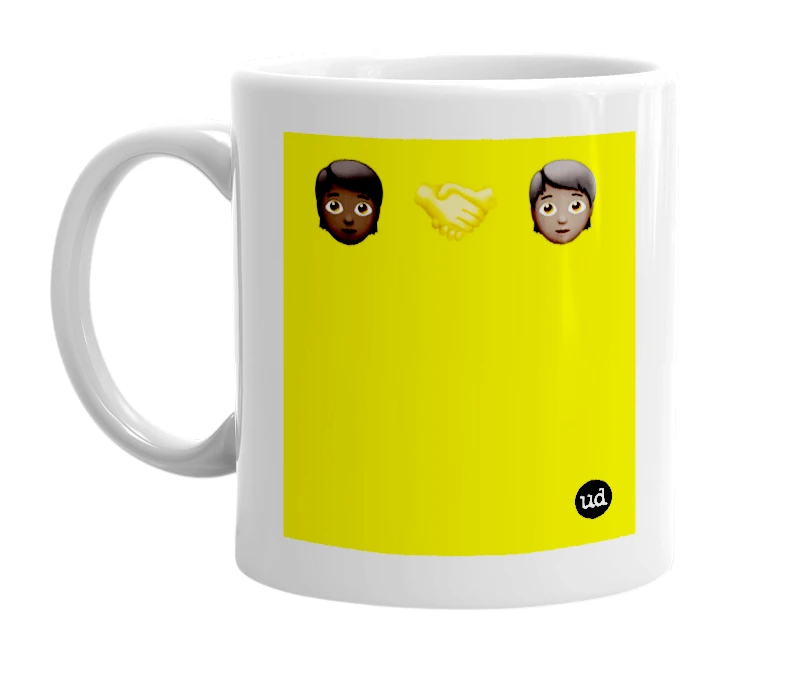 White mug with '🧑🏿 🤝 🧑🏿' in bold black letters