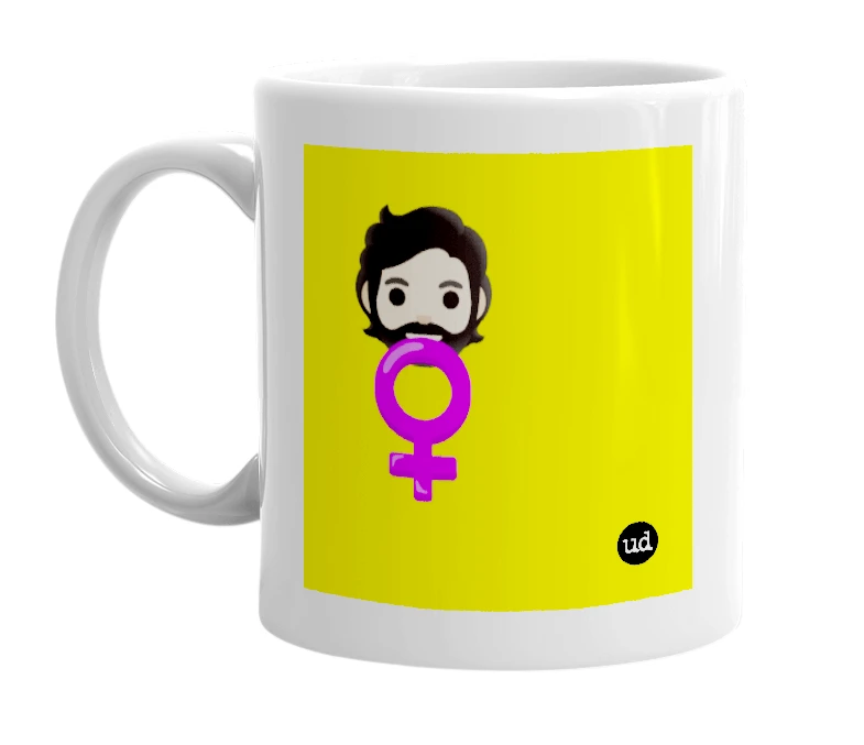 White mug with '🧔🏻 ♀️' in bold black letters