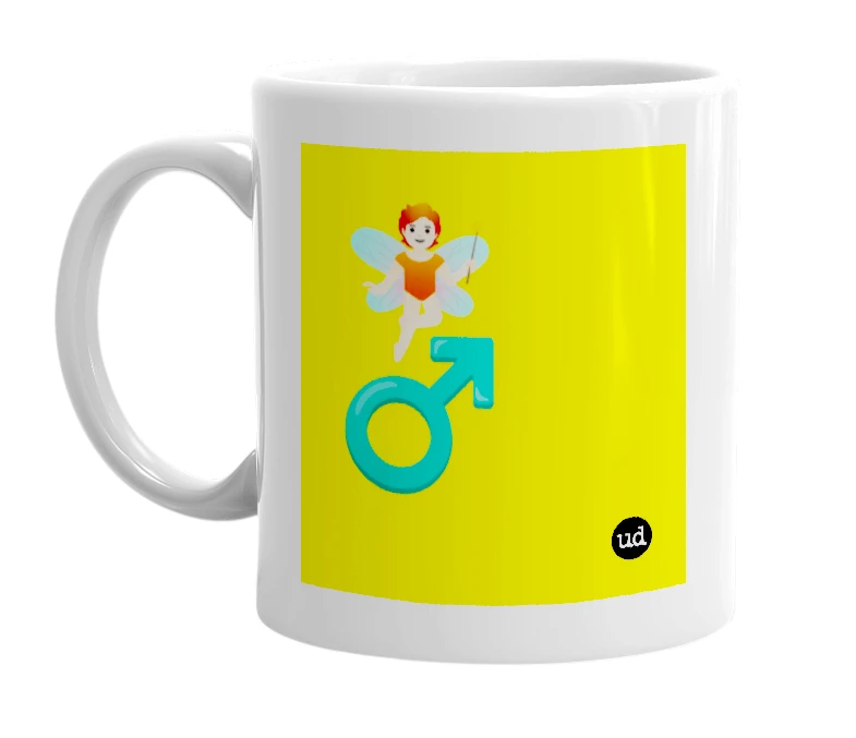 White mug with '🧚🏻 ♂️' in bold black letters