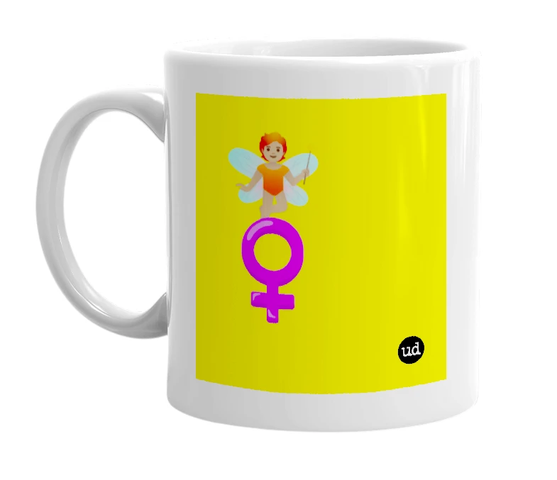 White mug with '🧚🏽 ♀️' in bold black letters