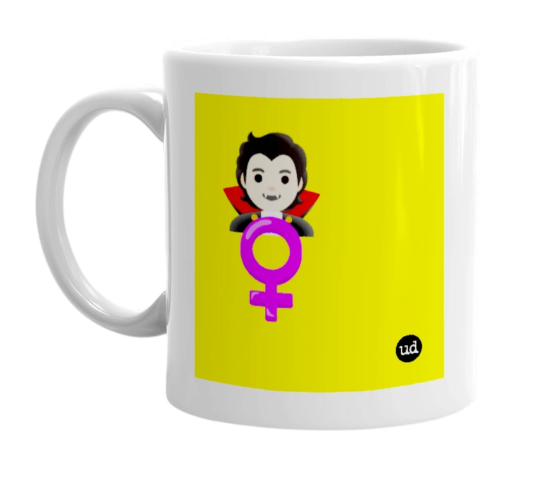 White mug with '🧛🏻 ♀️' in bold black letters