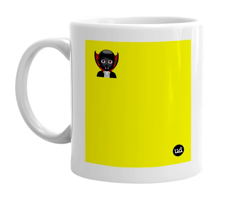 White mug with '🧛🏿' in bold black letters
