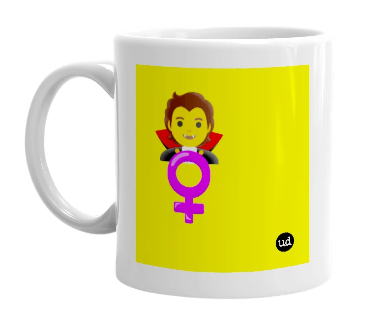 White mug with '🧛 ♀️' in bold black letters