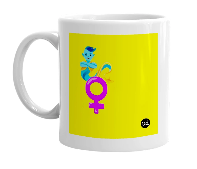 White mug with '🧞 ♀️' in bold black letters