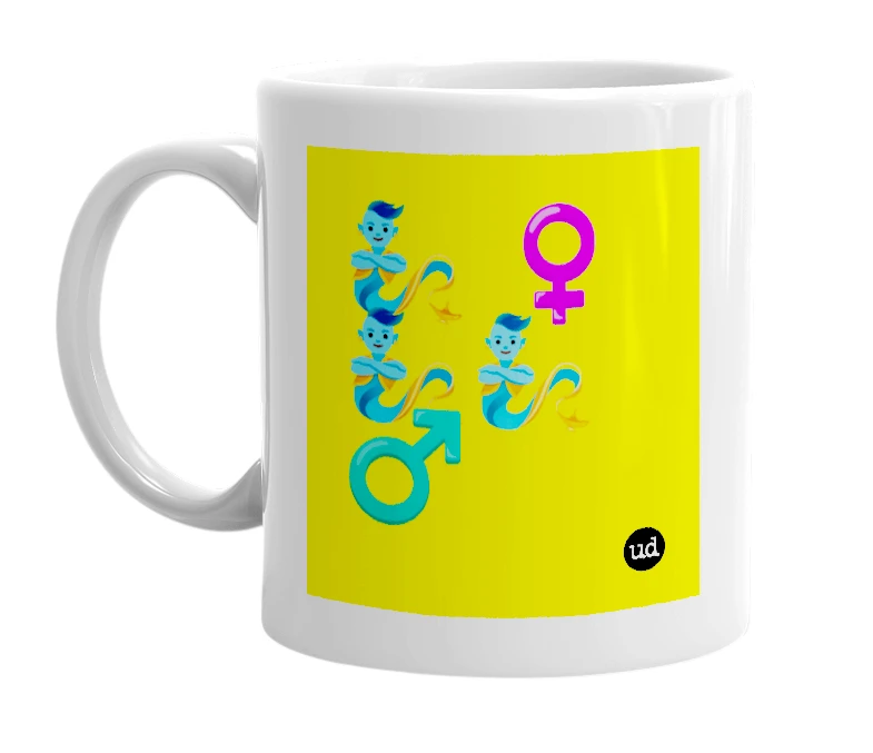White mug with '🧞 ♀️🧞🧞 ♂️' in bold black letters