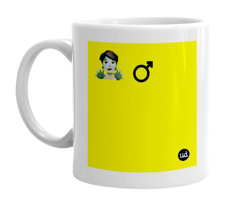White mug with '🧟 ♂️' in bold black letters