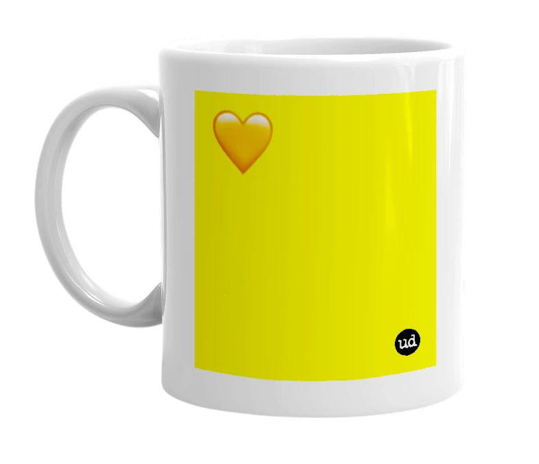 White mug with '🧡' in bold black letters