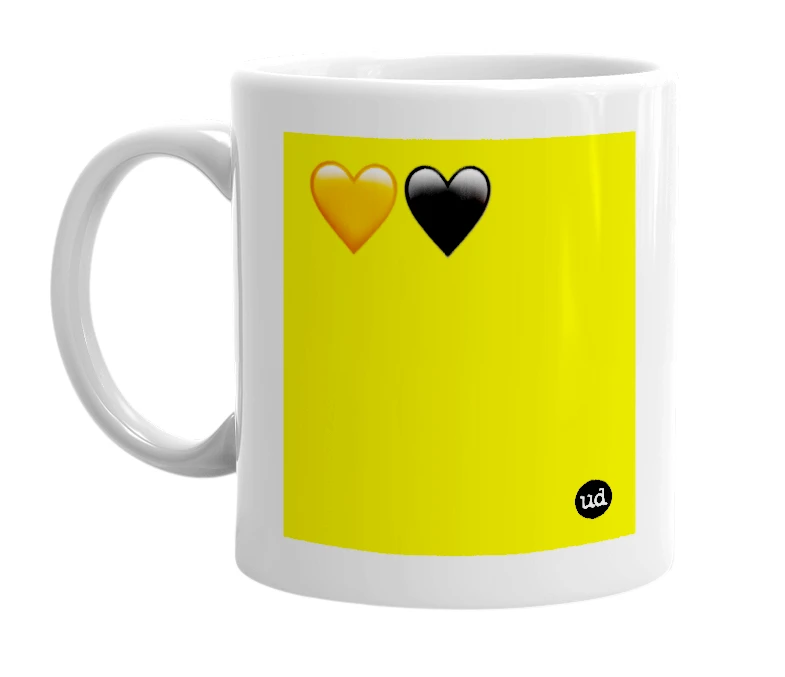 White mug with '🧡🖤' in bold black letters